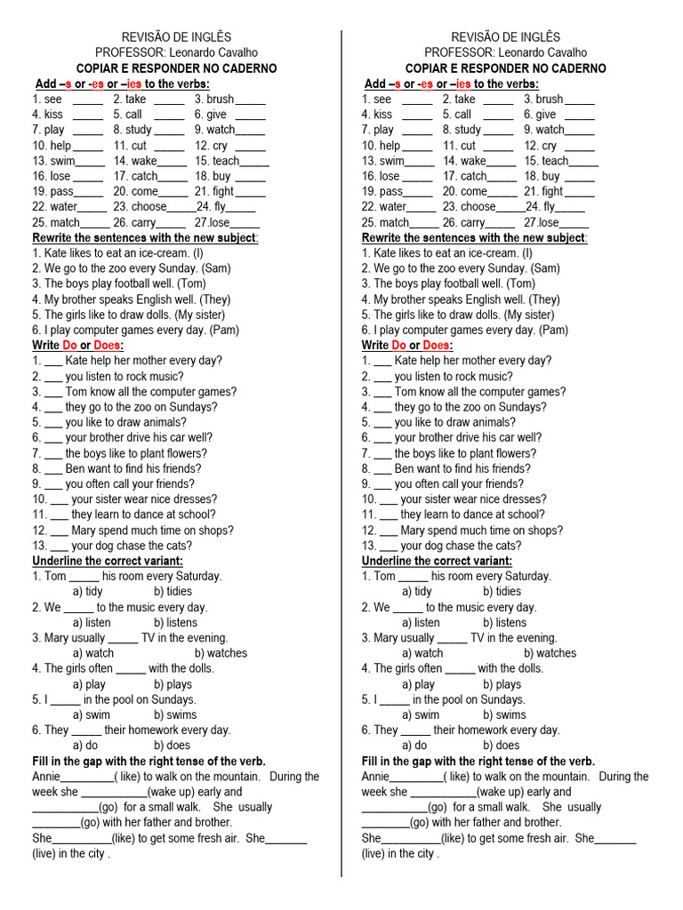 Ficha Especial Simple Present | PDF | Subject (Grammar) | Language Families