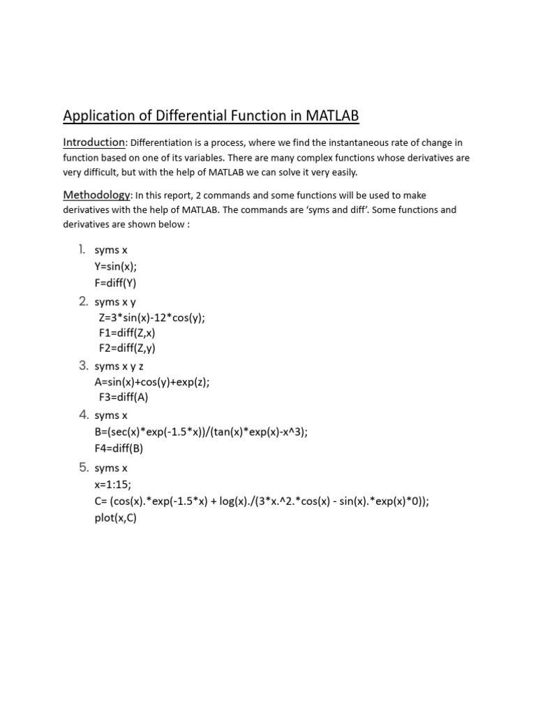 Application of Differential Function in MATLAB | PDF