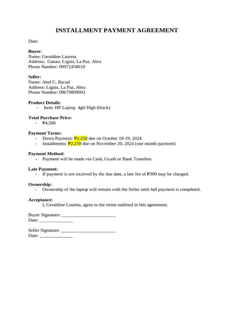 Installment Payment Agreement | PDF | Payments | Wire Transfer