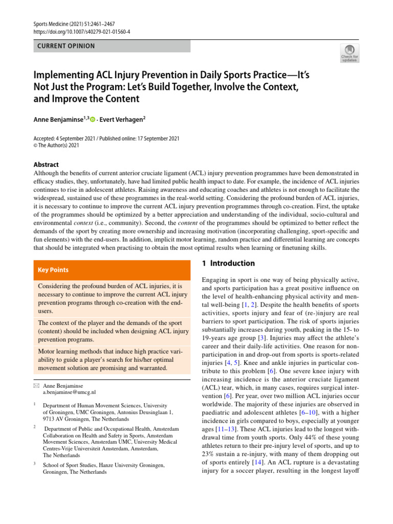 ACL Injury Prevention in Sports Practice | PDF | Learning ...