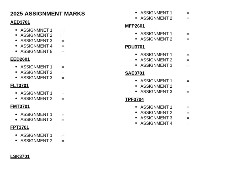 2025 Assignment Marks Template | PDF