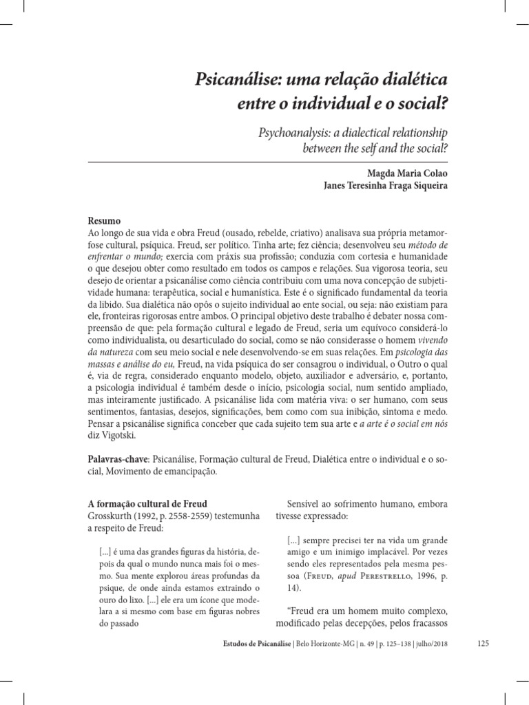 ARTIGO - Psicanálise - Uma Relação Dialética Entre o Individual e o ...