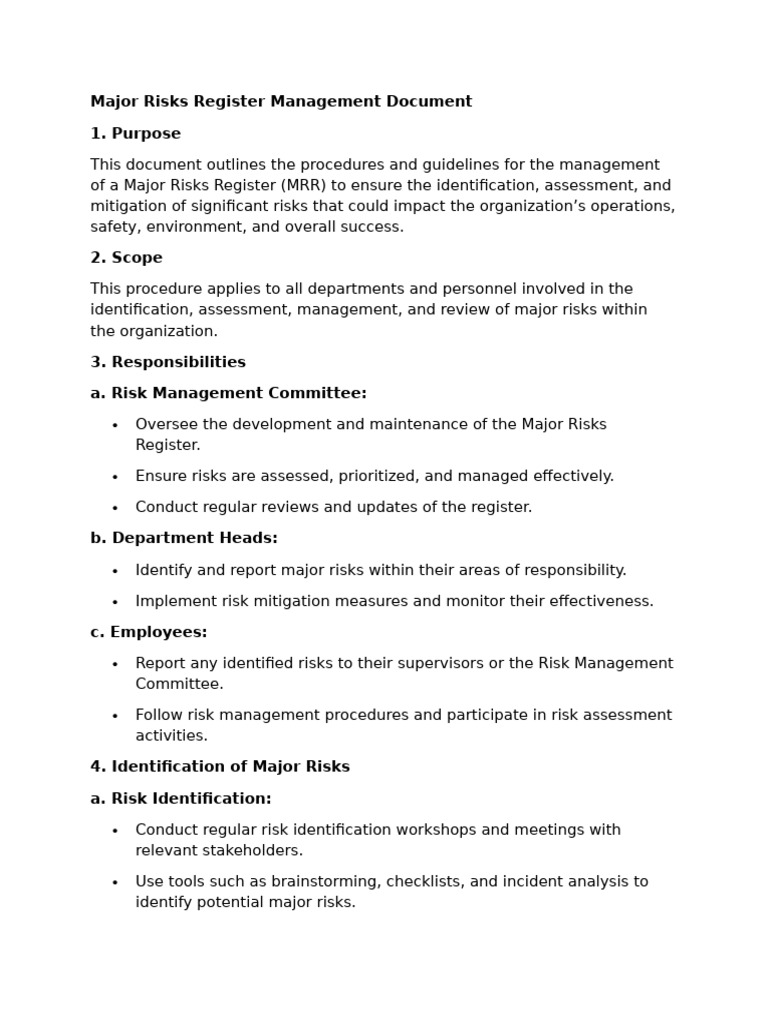 Major Risks Register Management Document | PDF | Risk | Risk Management
