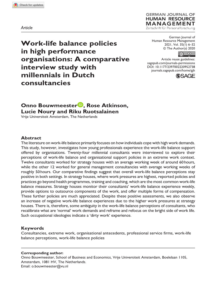 Bouwmeester Et Al 2020 Work Life Balance Policies in High Performance ...