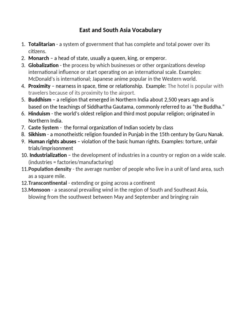 East+Asia+and+South+Asia+Vocabulary+23.24 (1) | PDF
