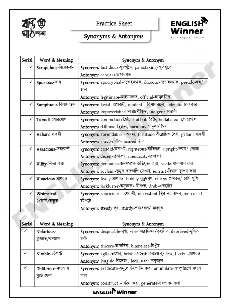 Practice Sheet - Synonyms & Antonyms | PDF