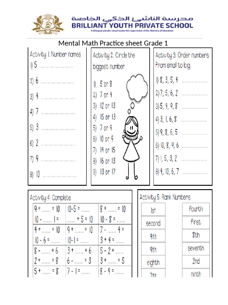 Grade 1 Mental Math Practice Sheet Pdf