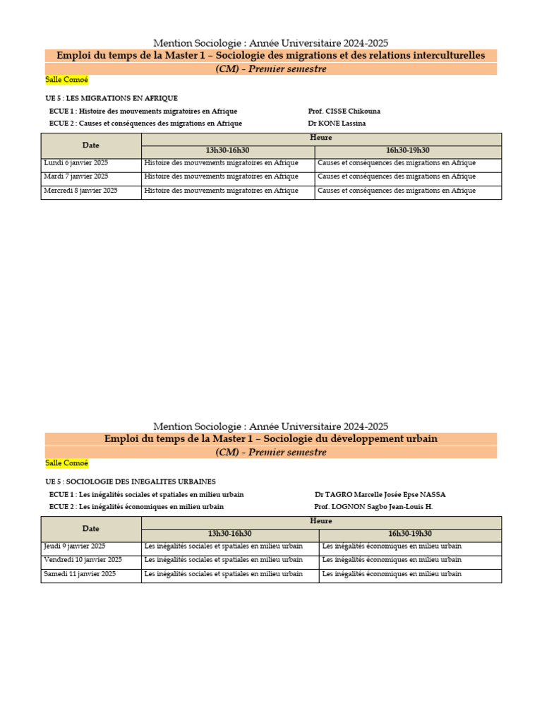 Emploi du temps Master Sociologie 2024-2025 | PDF | Migration humaine ...