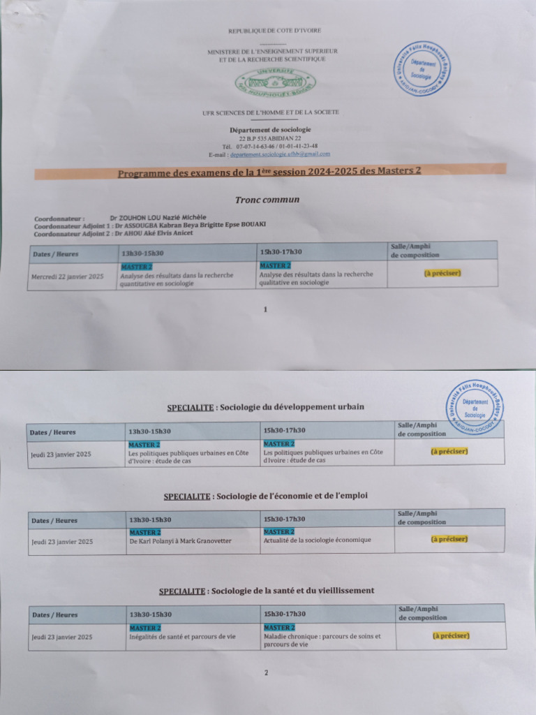 Examens Master 2 en Sociologie 2024-2025 | PDF | Enseignement des Arts ...