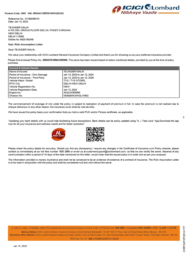 ICICI Lombard Risk Assumption Letter | PDF | Insurance | Pro Rata