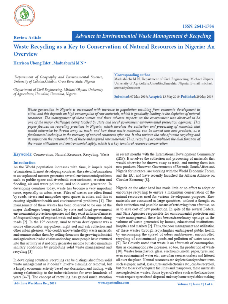 Waste Recycling As A Key To Conservation of Natural Resources in ...