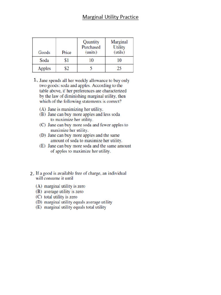 Marginal Utility Practice | PDF