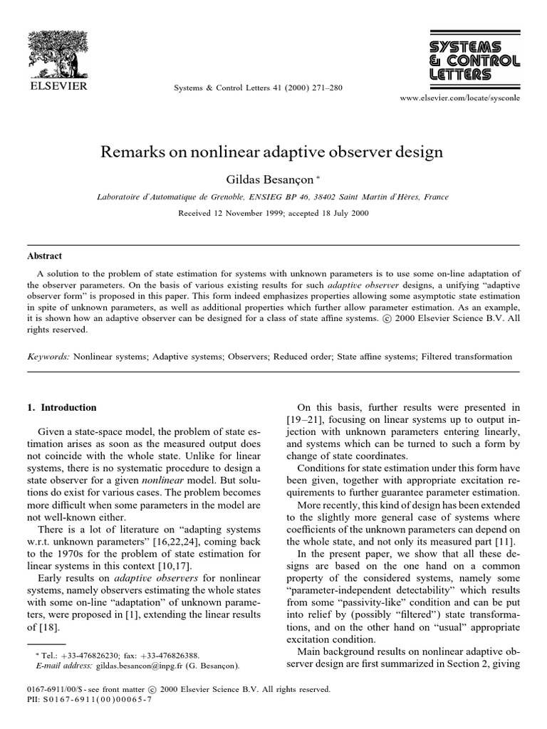 Nonlinear Adaptive Observer Design | PDF | Theorem | Mathematics