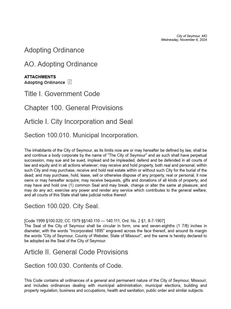 City of Seymour, MO Code Book | PDF | Government | Justice