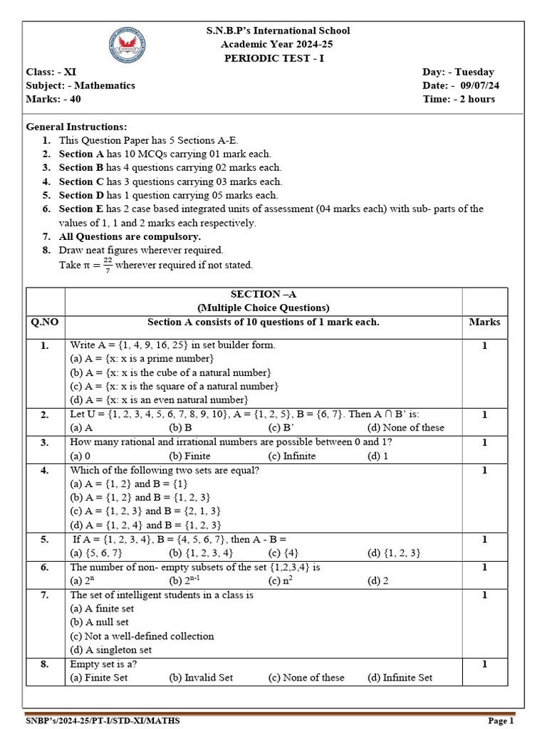Class XI Maths Periodic Test I 2024-25 | PDF | Multiple Choice | Numbers