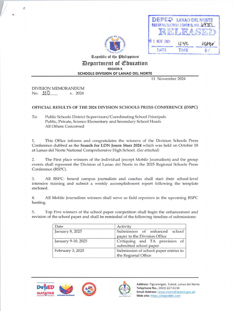 Official Result of The 2024 Division Schools Press Conference DSPC | PDF