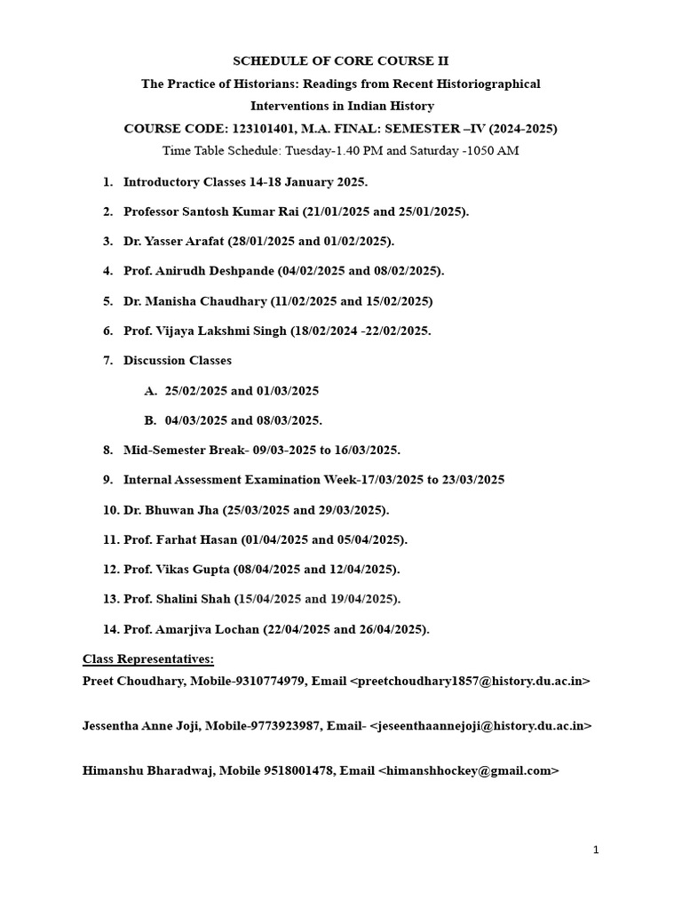 Schedule of Core Course II Semester IV For MA 2024-25 With List of ...
