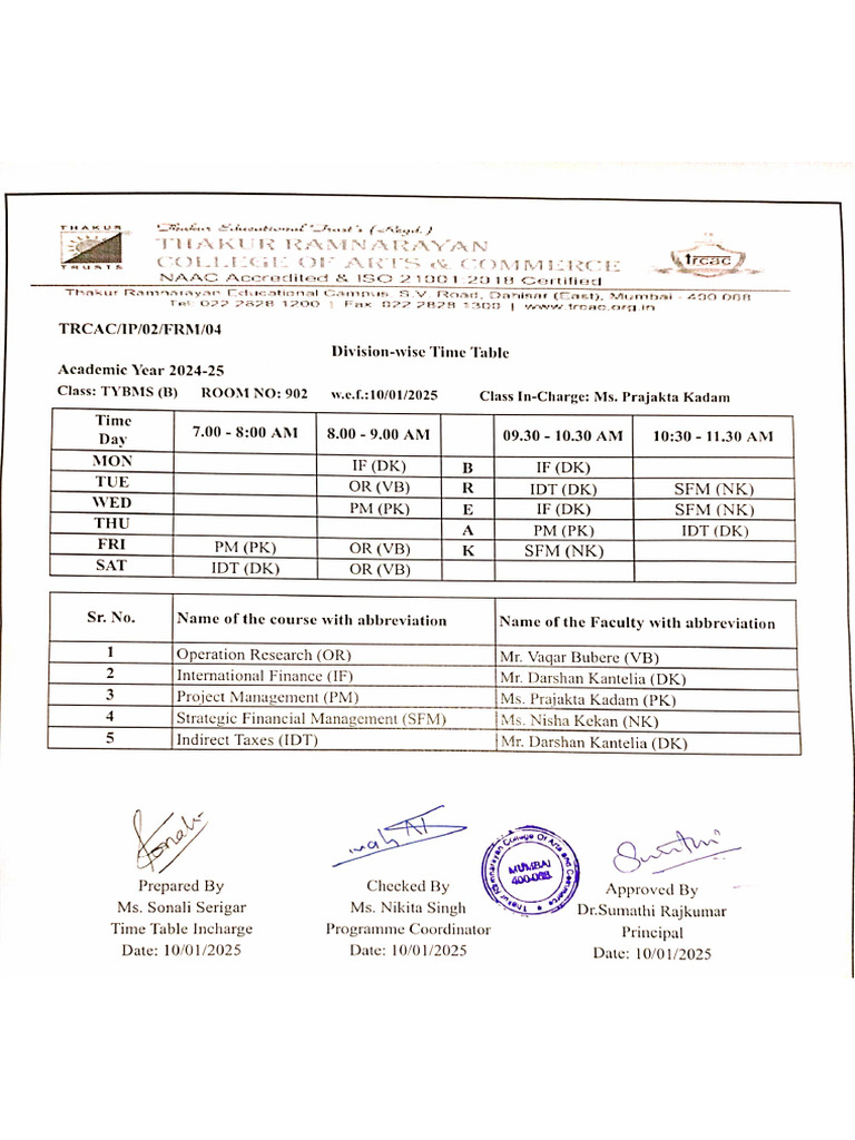 Updated Time Table - Tybms (B) | PDF