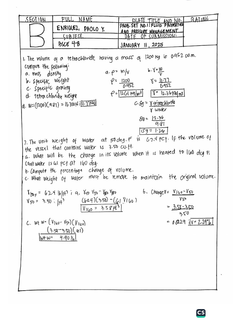 Problem Set 1 - Fluid Properties and Pressure Measurement | PDF