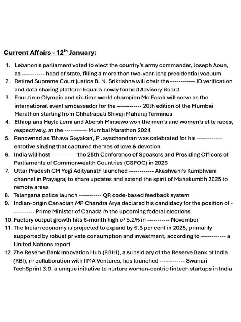 Current Affairs - 12th January | PDF