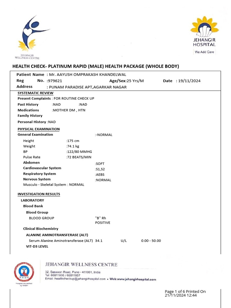 Comprehensive Male Health Checkup Report | PDF | Cholesterol | High ...