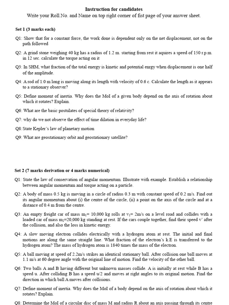 Physics Exam Instructions and Questions | PDF | Rotation Around A Fixed ...
