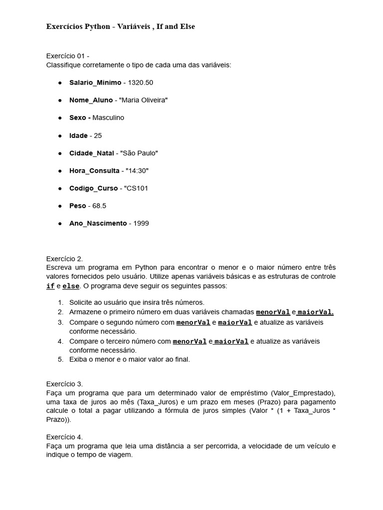 Exercícios de Python: Variáveis e Controle | PDF | Juros | Python ...