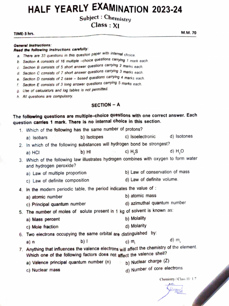 Class 11 Chemistry Half-Yearly Exam | PDF | Chemical Bond | Molecules