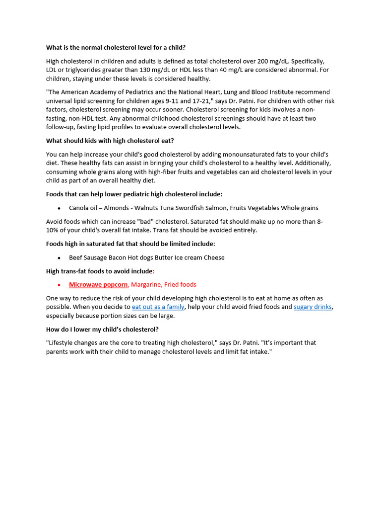 What is the normal cholesterol level for a child | PDF