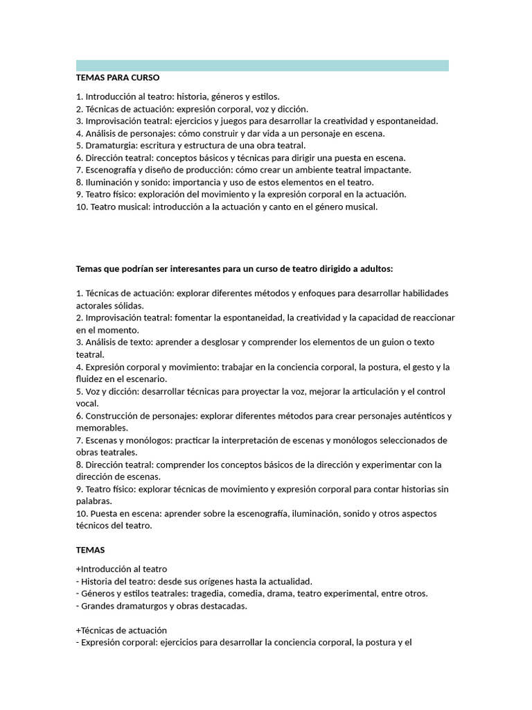 Temas Esenciales para un Curso de Teatro | PDF | Teatro | Interino