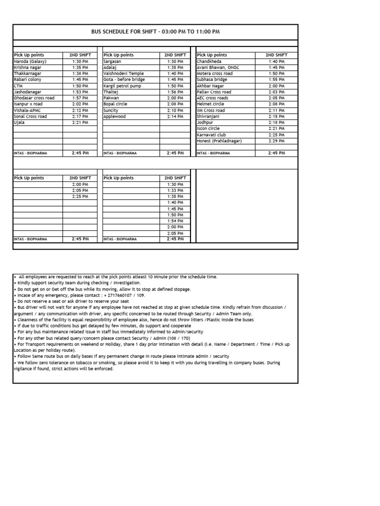 2nd Shift Bus Schedule and Guidelines | PDF | Bus | Public Services