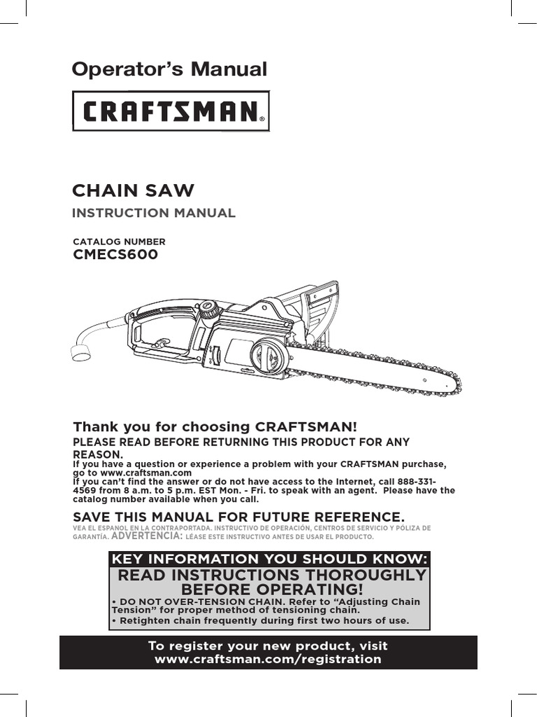 Craftsman CMECS600 Chainsaw Manual | PDF | Equipment | Manufactured Goods