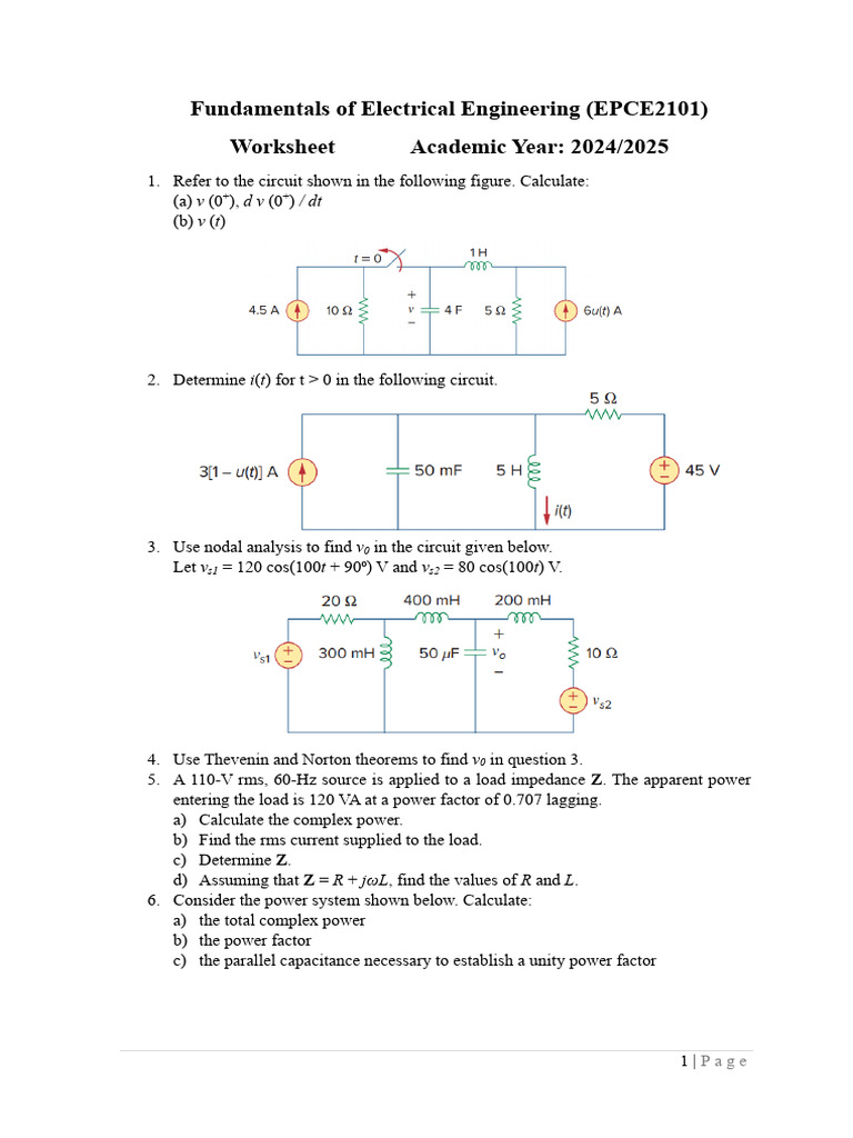Fundamentals of Electrical Engineering (EPCE2101) Worksheet Academic ...