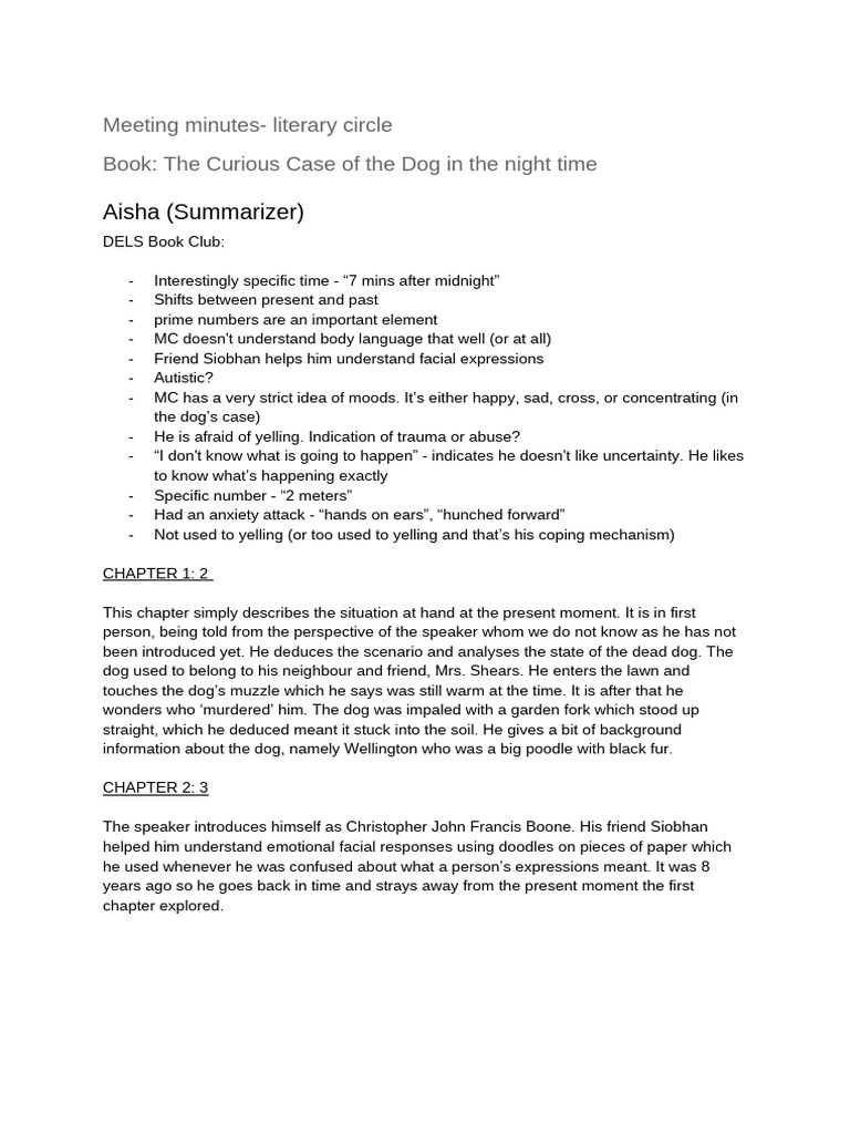 Literary circle chapter 1 2 3 the curious case of the dog in the