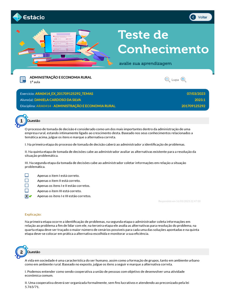 Estácio_ Alunos TESTE DE CONHECIMENTO AULA 1 | PDF | Liderança | Juros