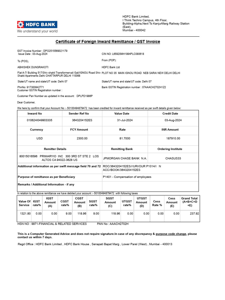 GST Invoice for Foreign Remittance | PDF | Sales | Trade