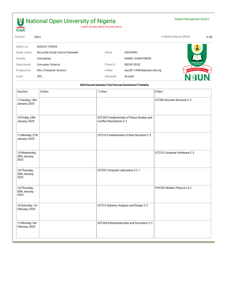 2024 NOUN 200 Level Exam Timetable | PDF