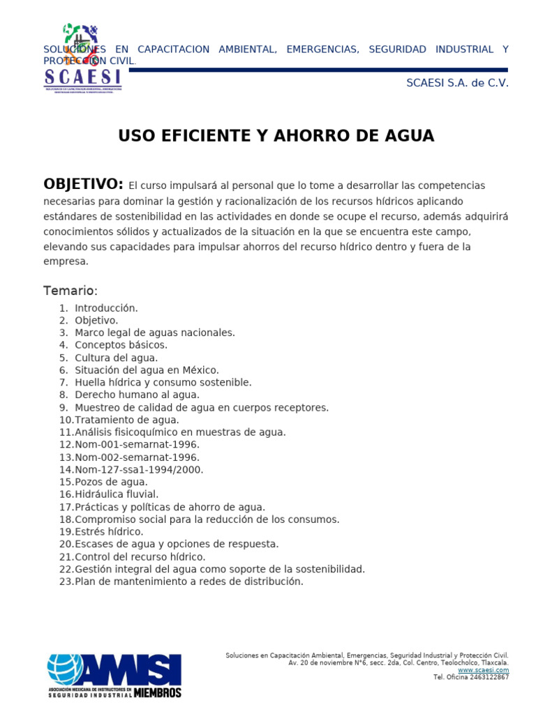 Temario de Uso Eficiente y Ahorro de Agua 2024 | PDF