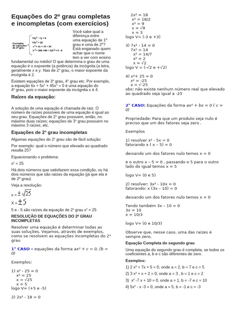 Equações do 2º Grau: Completas e Incompletas | PDF | Equações | Equação ...
