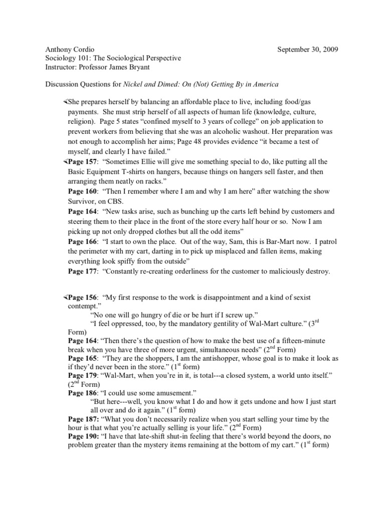 Sociology Nickel and Dimed Questions PDF