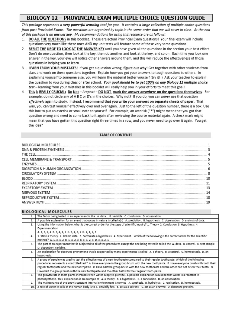 Biology 12 Exam MCQ Study Guide | PDF | Digestion | Cell Membrane