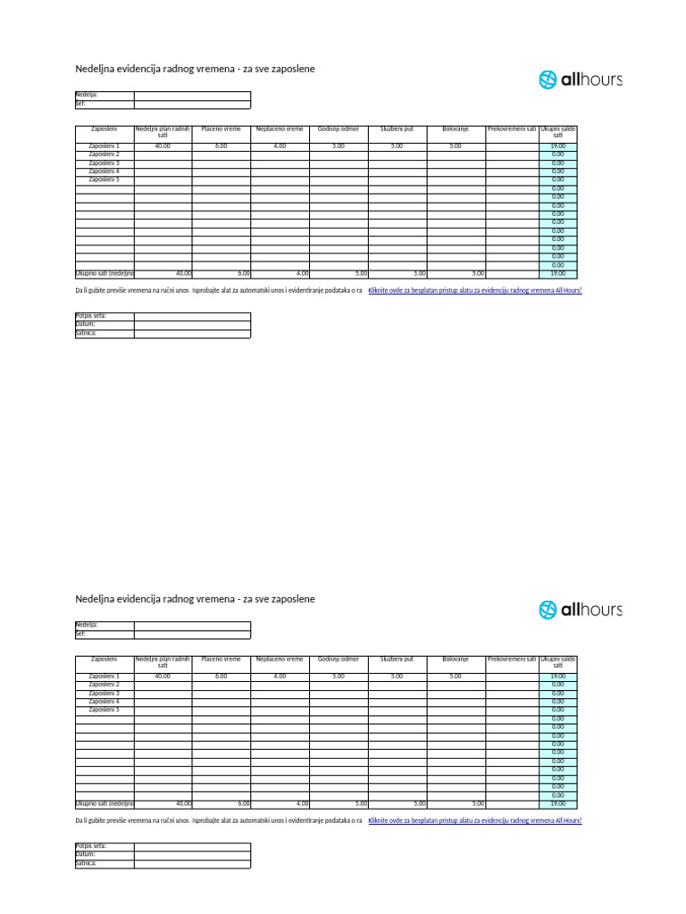 Nedeljna Evidencija Radnog Vremena | PDF