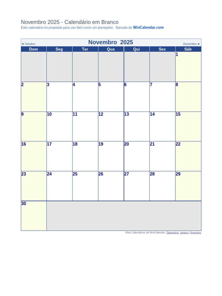 Calendário de Novembro 2025 em Branco | PDF