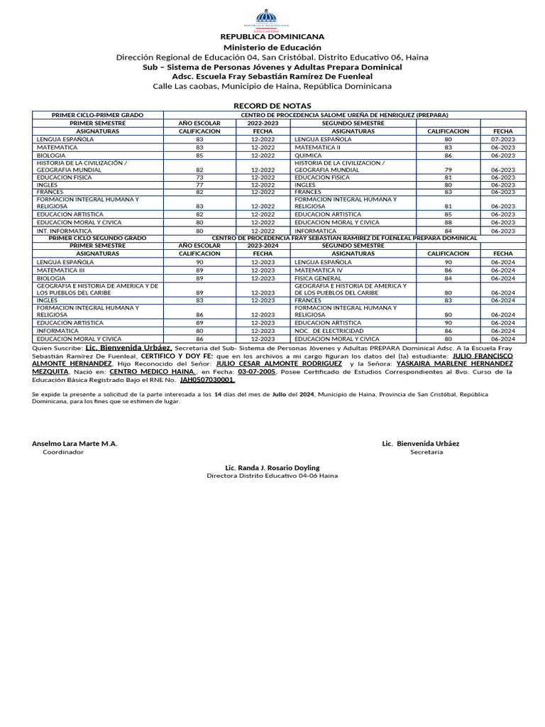 Registro de Notas Estudiante PREPARA 2022-2024 | PDF | Aprendizaje