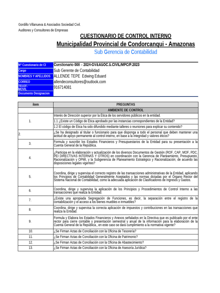 Cuestionario de Control Interno Municipal | PDF | Contabilidad ...