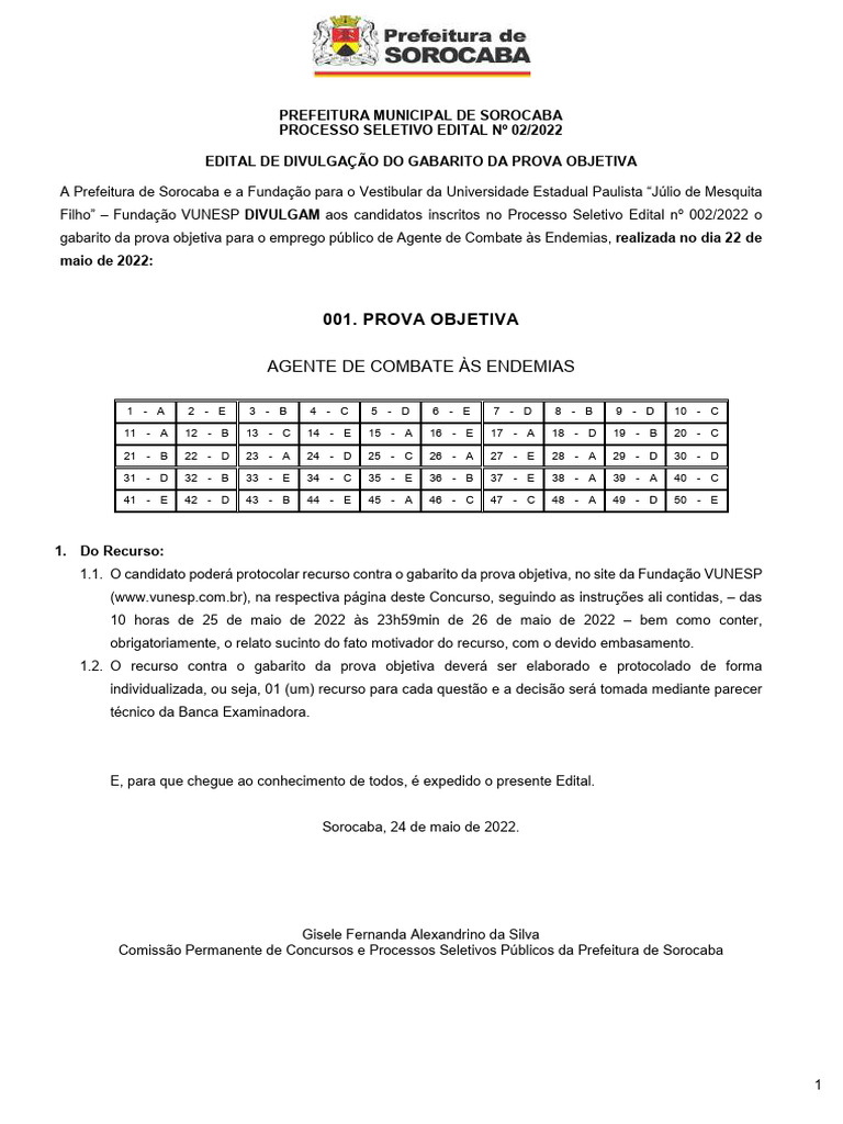 Gabarito Prova Agente Endemias Sorocaba | PDF