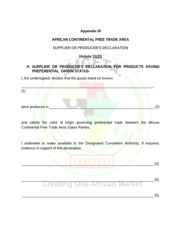 AfCFTA Supplier Declaration Template | PDF | Free Trade Area | Trade