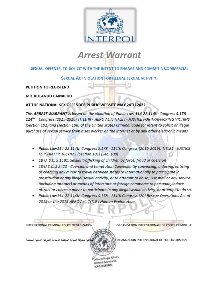 Arrest Warrant for Sex Trafficking Violation | PDF | Human Trafficking ...