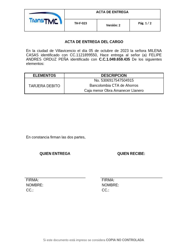 TH-F-023 Acta de Entrega Del Cargo | PDF