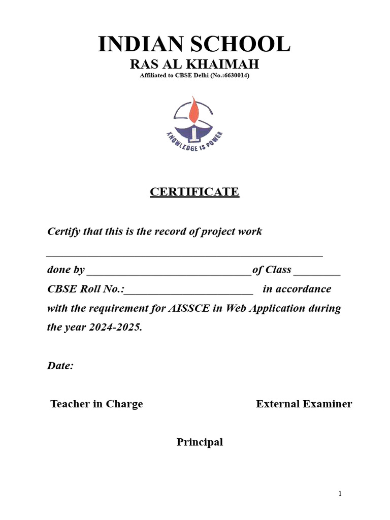 CBSE Web Application Project Certificate | PDF